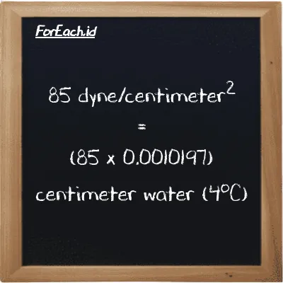 How to convert dyne/centimeter<sup>2</sup> to centimeter water (4<sup>o</sup>C): 85 dyne/centimeter<sup>2</sup> (dyn/cm<sup>2</sup>) is equivalent to 85 times 0.0010197 centimeter water (4<sup>o</sup>C) (cmH2O)